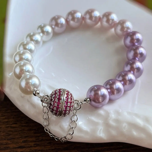 French "Ins" Gradient Purple-Pink Crystal & Pearl Necklace