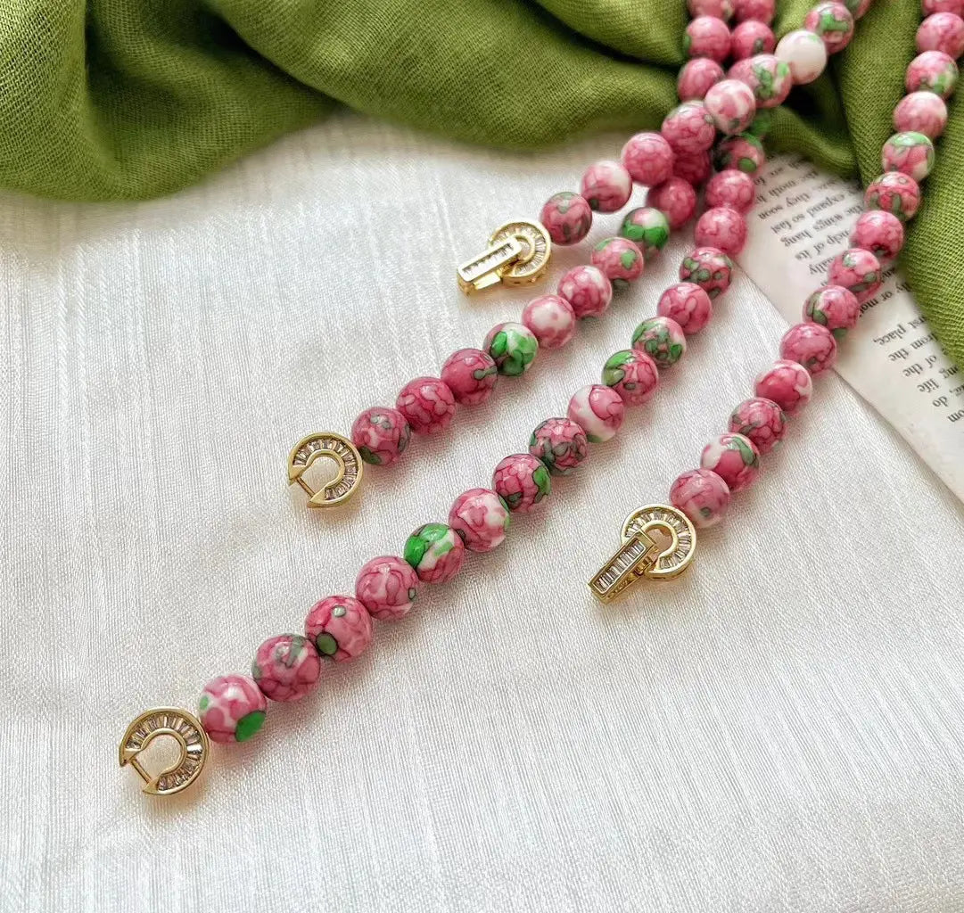 Retro Pink & Green Glazed Ceramic Bead Necklace | Vintage Choker
