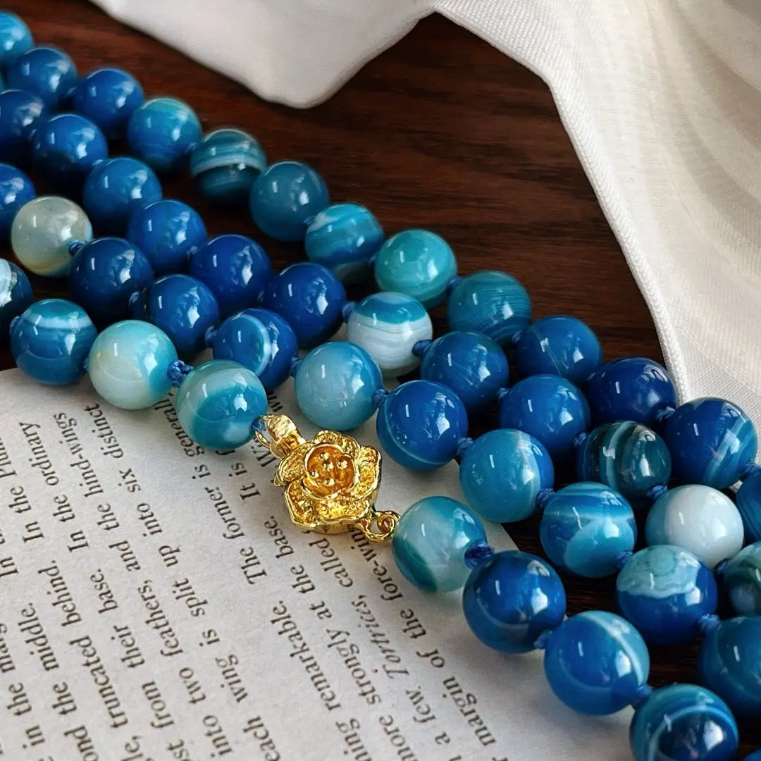 Long Blue Chalcedony Beaded Necklace (130cm) | Hand-Knotted Luxury