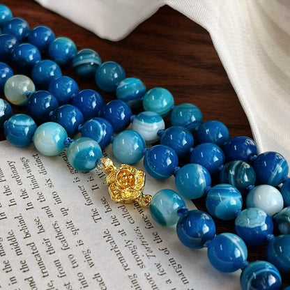 Long Blue Chalcedony Beaded Necklace (130cm) | Hand-Knotted Luxury
