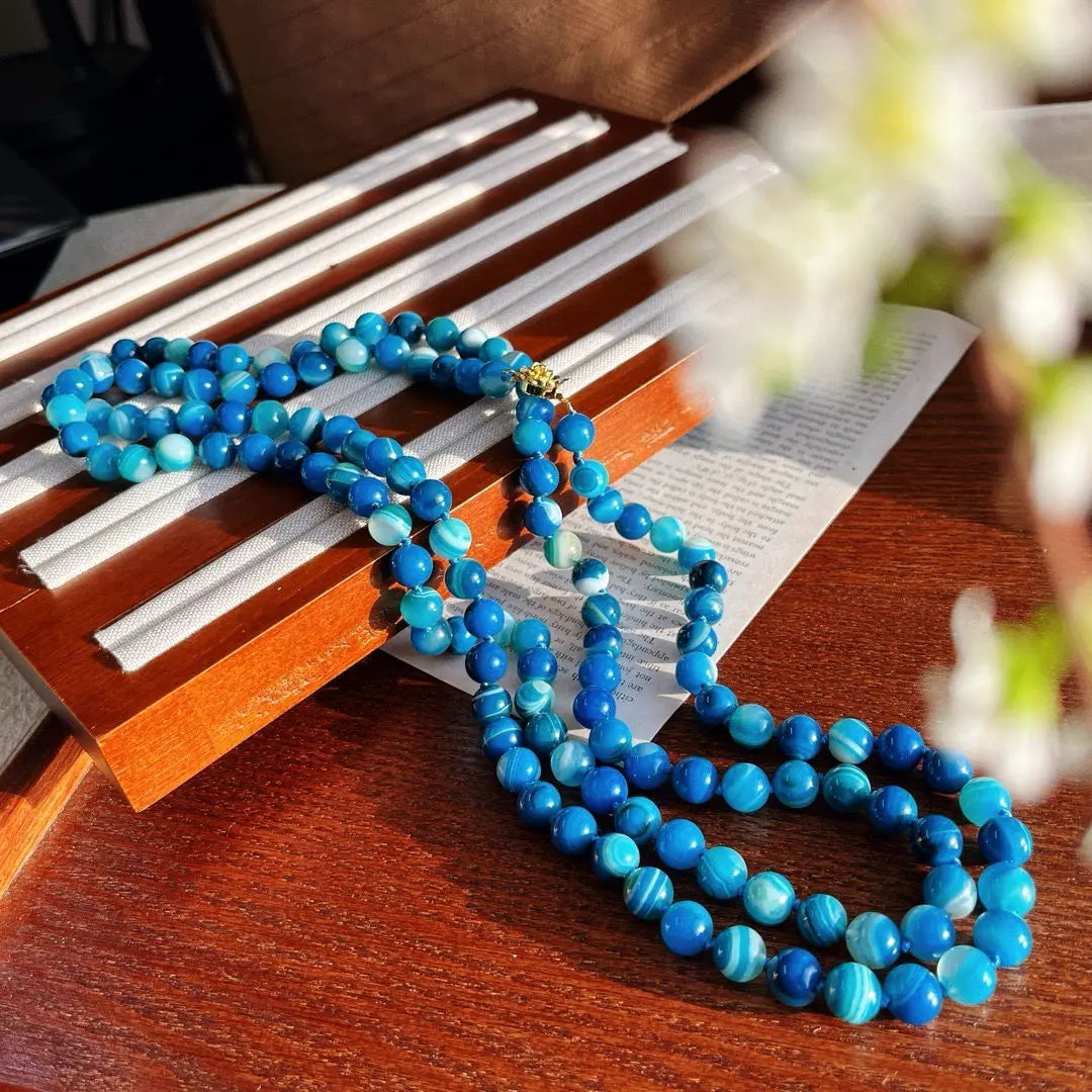 Long Blue Chalcedony Beaded Necklace (130cm) | Hand-Knotted Luxury