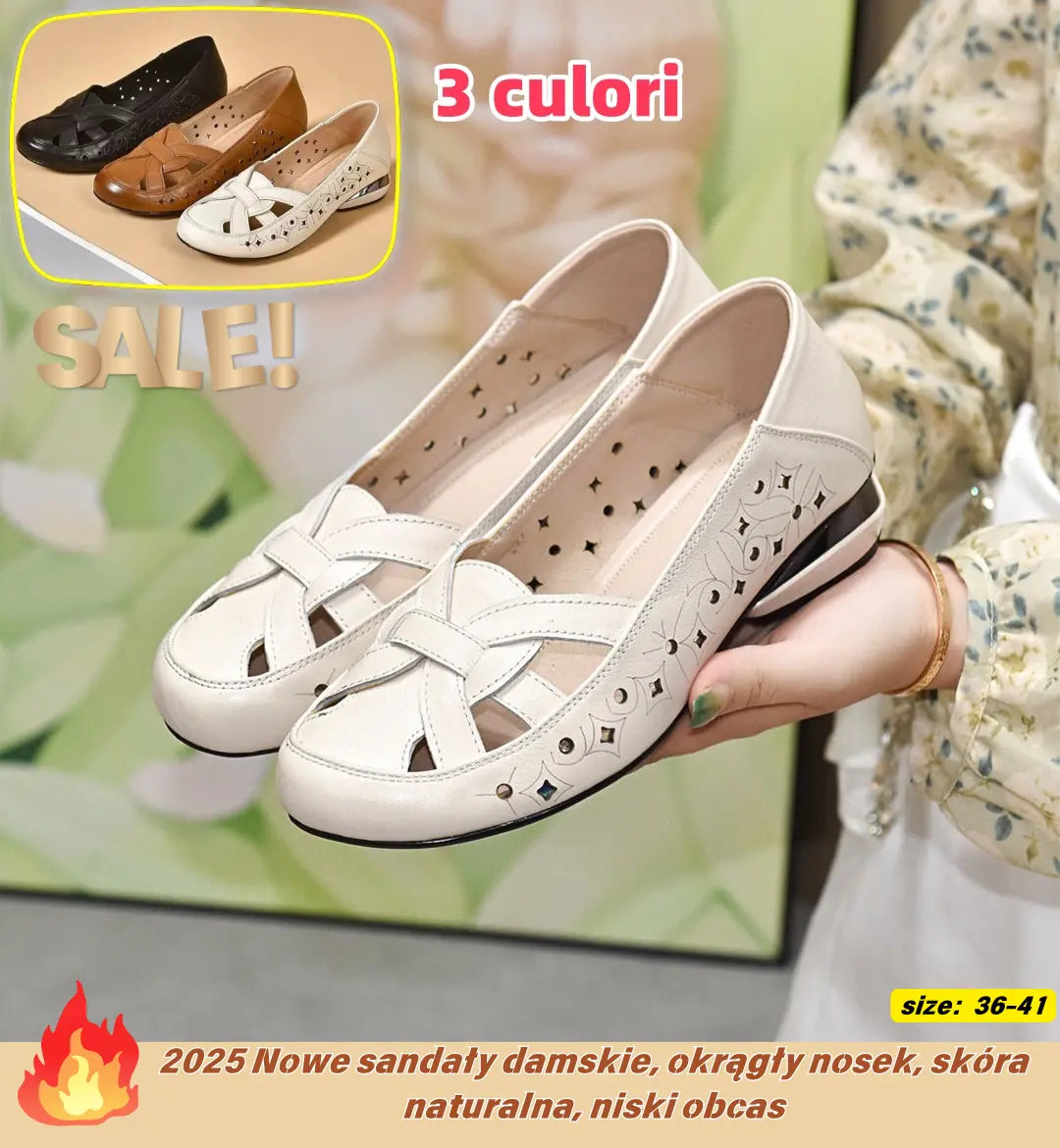 🔥 49%OFF💞 【Rozmiary 35-40】 Nowe sandały damskie na rok 2026, z okrągłym noskiem, wykonane z prawdziwej skóry i na niskim obcasie.