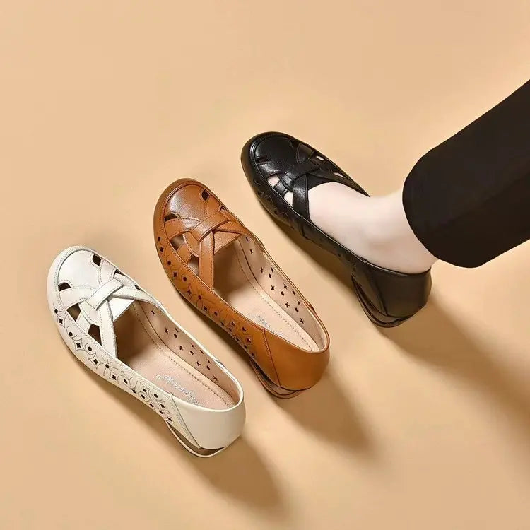 🔥 49%OFF💞 【Rozmiary 35-40】 Nowe sandały damskie na rok 2026, z okrągłym noskiem, wykonane z prawdziwej skóry i na niskim obcasie.