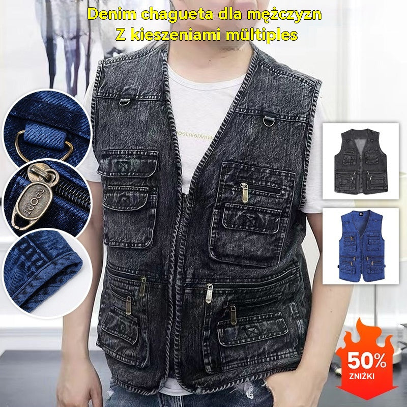 49%OFF【XL-6XL】2026 Męska kamizelka dżinsowa z wieloma kieszeniami