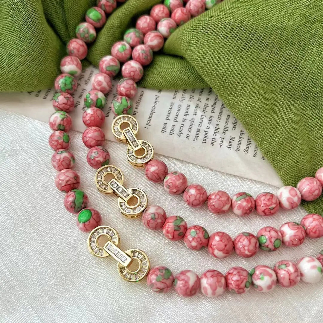 Retro Pink & Green Glazed Ceramic Bead Necklace | Vintage Choker
