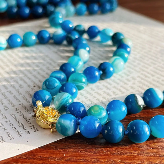 Long Blue Chalcedony Beaded Necklace (130cm) | Hand-Knotted Luxury
