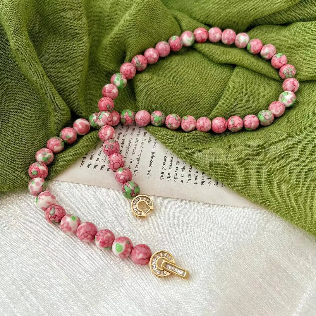 Retro Pink & Green Glazed Ceramic Bead Necklace | Vintage Choker