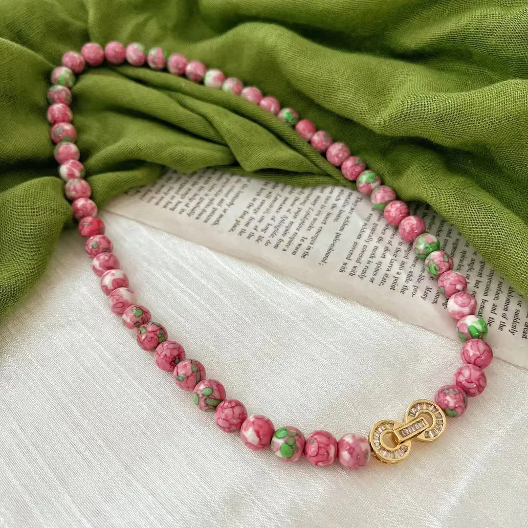 Retro Pink & Green Glazed Ceramic Bead Necklace | Vintage Choker