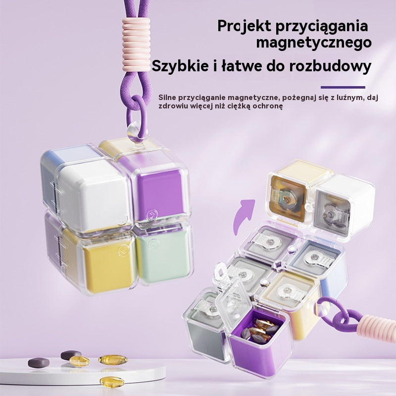 🎉 Nowość 2026! 🎉 – przenośne pudełko na tabletki w kształcie kostki Rubika, duża pojemność – szczelne pudełko do przechowywania