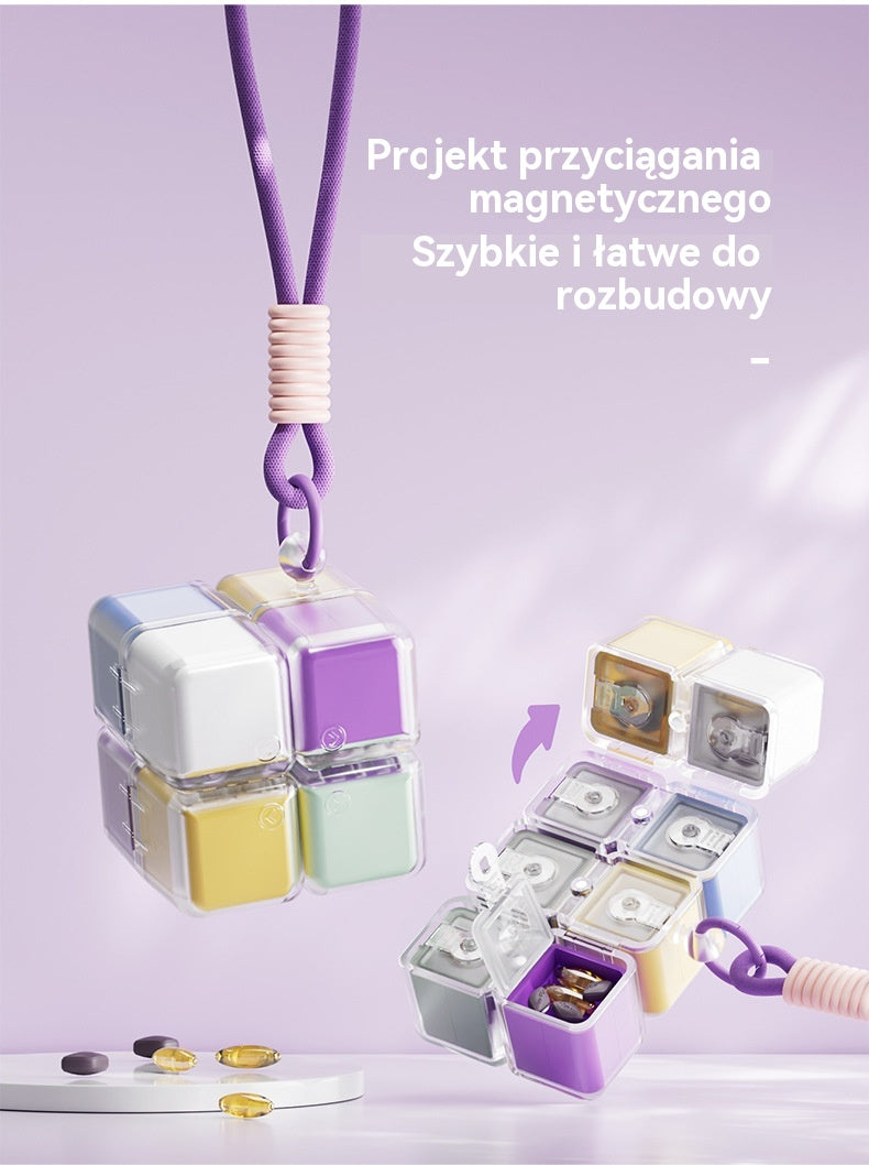 🎉 Nowość 2026! 🎉 – przenośne pudełko na tabletki w kształcie kostki Rubika, duża pojemność – szczelne pudełko do przechowywania